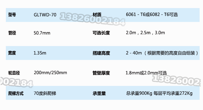 70度斜爬梯式铝合金脚手架产品参数